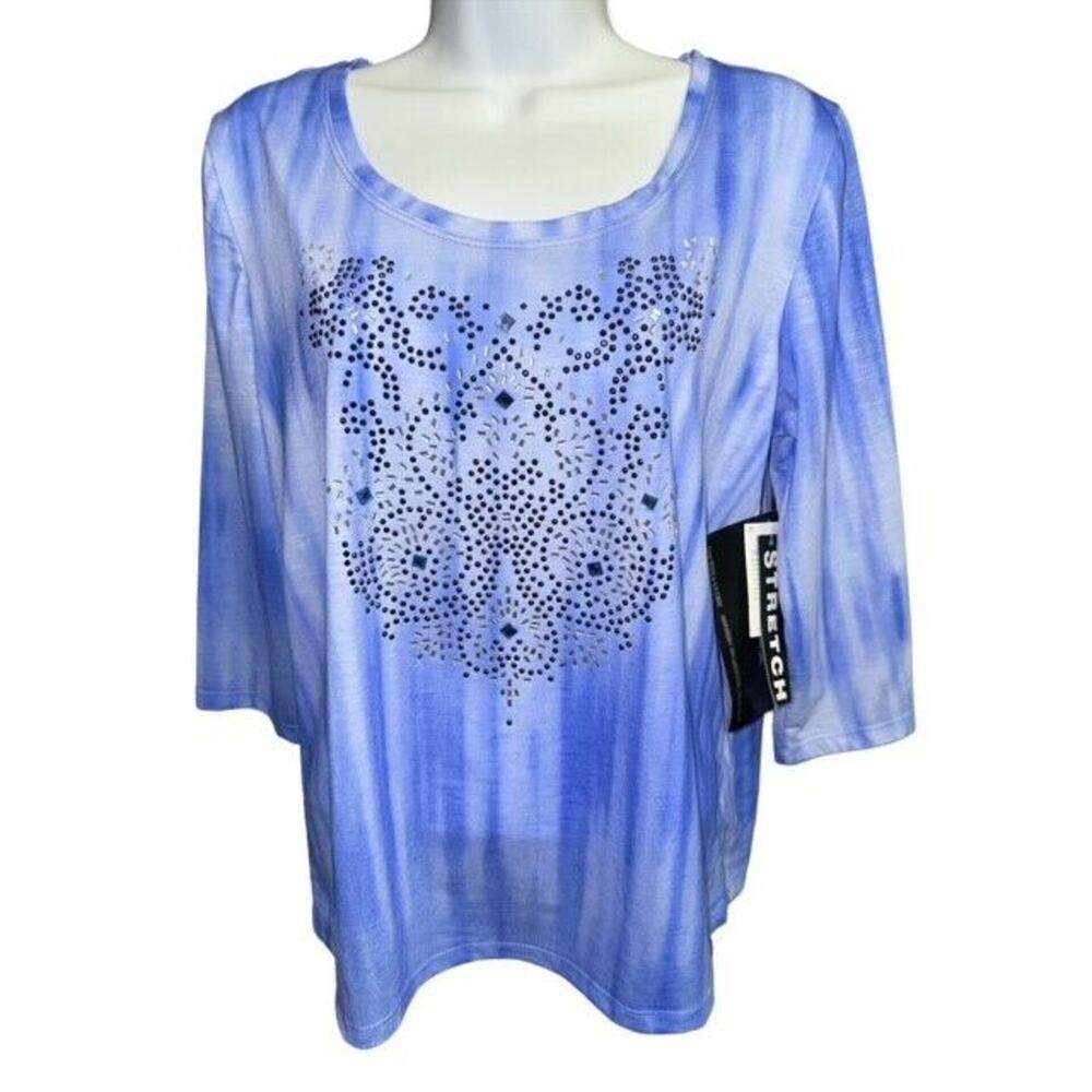 Onque Top Women PL Blue Embellished Beads Stretch 3/4 Sleeve Petite Large Blouse